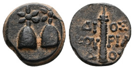 Colchis, Dioscurias. Time of Mithradates VI Eupator. Ae, 5.56 g 17.31 mm. Circa 105-90 BC. 
Obv: Piloi of the dioskouroi surmounted by stars.
Rev: ΔΙ ...