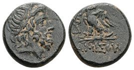 Pontos, Amisos. Ae, 7.85 g19.89 mm. Circa 100-85 BC.
Obv: Laureate head of Zeus right.
Rev: AMIΣOY. Eagle, with head right, standing left on thunderbo...