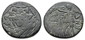 Pontos, Amisos. Ae, 6.94 g 21.51 mm. Time of Mithradates VI Eupator. Circa 85-65 BC.
Obv: Aegis facing.
Rev: AMIΣOY. Nike advancing right with shoulde...