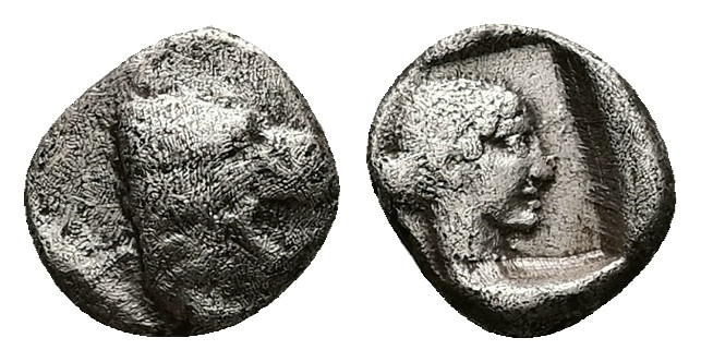 Caria, Knidos. AR Obol, 0.81 g 9.50 mm. Second half of the fifth century BC.
Obv...