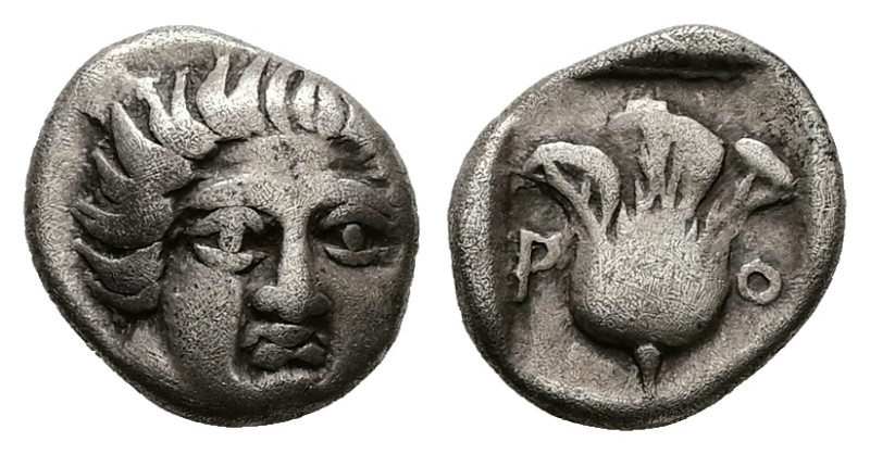 Caria, Rhodos. AR Hemidrachm, 1.80 g 12.80 mm. Circa 408/7-394 BC.
Obv: Head of ...