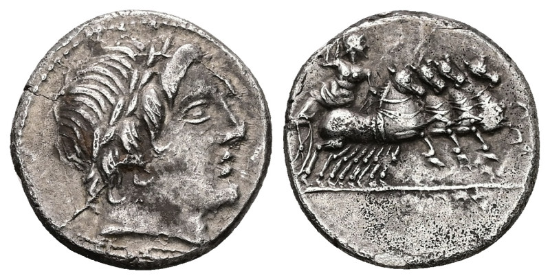 Anonymous, 86 BC. AR, Denarius. 4.00 g. 18.77 mm. Rome.
Obv: Laureate head of Ap...