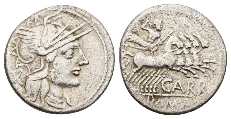 Cn. Carbo, 121 BC. AR, Denarius. 3.57 g. 20.11 mm. Rome.
Obv: Head of Roma to ri...