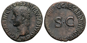 Germanicus, died AD 19. As. 10.13 g. 28.24 mm. Struck under Caligula. Rome.
Obv: GERMANICVS CAESAR TI AVGVST F DIVI AVG N. Head of Germanicus, bare, l...