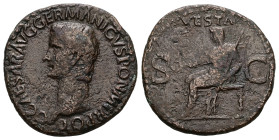 Gaius (Caligula), AD 37-41. As. 10.33 g. 29.38 mm. Rome.
Obv: C CAESAR AVG GERMANICVS PON M TR POT. Head of Caligula, bare, left.
Rev: VESTA, S C. Ves...