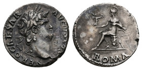 Nero, AD 54-68. AR, Denarius. 3.26 g. 17.23 mm. Rome.
Obv: NERO CAESAR AVGVSTVS. Head of Nero, laureate, right, with beard.
Rev: ROMA. Roma, helmete...