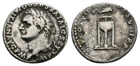 Domitian. AD 81-96. AR, Denarius. 3.17 g. 18.05 mm. Rome.
Obv:. Head of Domitian, laureate, left.
Rev: Tripod with fillets; dolphin above.
Fine.