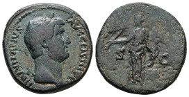 Hadrian, AD 117-138. AE, Sestertius. 22.01 g. 31.91 mm. Rome.
Obv: HADRIANVS AVG COS III [PP]. Head of Hadrian, laureate.
Rev. S-C. Diana standing lef...