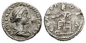 Lucilla, AD 164-182. AR, Denarius. 3.46 g. 18.08 mm. Rome.
Obv: LVCILLAE AVG ANTONINI AVG F. Bust of Lucilla, bare-headed, hair waved and fastened in ...
