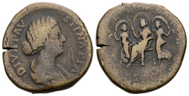 Faustina II, died AD 175/6. AE, Sestertius. 26.27 g. 32.32 mm. Rome.
Obv: DIVA FAVSTINA PIA. Bust of Faustina II, draped, hair elaborately waved in ne...