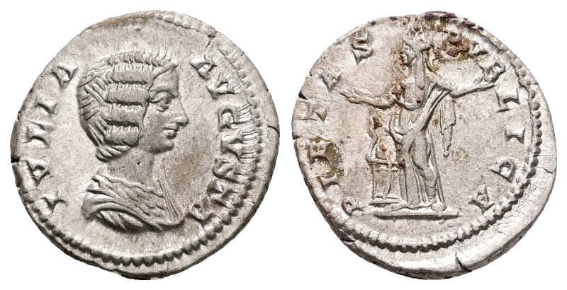 Julia Domna, AD 193-217. AR, Denarius. 3.47 g. 19.15 mm. Rome.
Obv: IVLIA AVGVST...