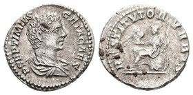 Geta ass Caesar, AD 198-209. AR, Denarius. 3.21 g. 18.94 mm. Rome.
Obv: P SEPTIMIVS GETA CAES. Bust of Geta, bare-headed, draped, right.
Rev: RESTITVT...