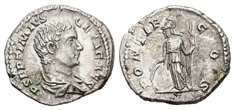 Geta as Caesar, AD 198-209. AR, Denarius. 3.31 g. 19.81 mm. Rome.
Obv: P SEPTIMI...