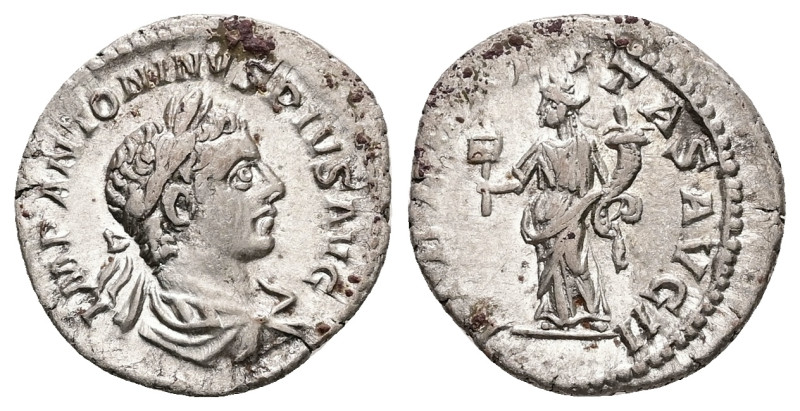 Elagabalus, 218-222 AD. AR, Denarius. 2.69 g. 19.78 mm. Rome.
Obv: IMP ANTONINVS...