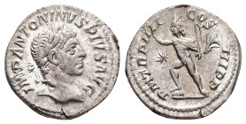 Elagabalus, AD 218-222. AR, Denarius. 3.12 g. 20.15 mm. Rome.
Obv: IMP ANTONINVS PIVS AVG. Bust of Elagabalus, laureate and draped, right.
Rev: P M TR...