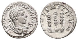 Elagabalus, AD 218-222. AR, Denarius. 3.13 g. 18.89 mm. Rome.
Obv: IMP ANTONINVS PIVS AVG. Bust of Elagabalus, laureate, draped, right.
Rev: FIDES MIL...