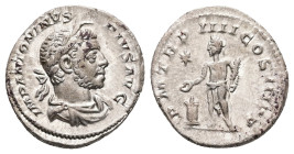 Elagabalus, AD 218-222. AR, Denarius. 3.21 g. 19.61 mm. Antioch.
Obv: IMP ANTONINVS PIVS AVG. Bust of Elagabalus, horned, laureate, draped, right.
Rev...