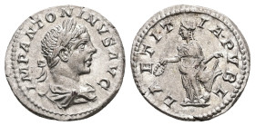 Elagabalus, AD 218-222. AR, Denarius. 3.22 g. 19.24 mm. Rome.
Obv: IMP ANTONINVS AVG. Bust of Elagabalus, laureate, draped, right.
Rev: LAETITIA PVBL....