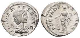 Julia Maesa, AD 218-224/5. AR, Denarius. 2.69 g. 20.09 mm. Rome.
Obv: IVLIA MAESA AVG. Bust of Julia Maesa, hair waved and turned up low at the back, ...