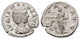 Julia Maesa, AD 218-224/5. AR, Denarius. 2.67 g. 19.58 mm. Rome.
Obv: IVLIA MAESA AVG. Bust of Julia Maesa, hair waved and turned up low at the back, ...