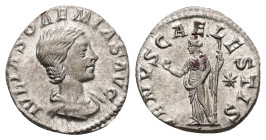 Julia Soemias, AD 218-222. AR, Denarius. 2.71 g. 17.63 mm. Rome.
Obv: IVLIA SOAEMIAS AVG. Bust of Julia Soaemias, hair waved and turned up low at the ...