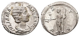 Julia Mamaea, AD 222-235. AR, Denarius. 2.39 g. 19.89 mm. Rome.
Obv: IVLIA MAMAEA AVG. Bust of Julia Mamaea, diademed, right.
Rev: VESTA. Vesta, veile...