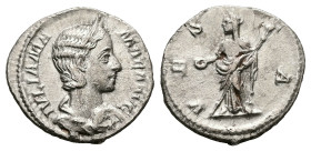 Julia Mamaea, AD 222-235. AR, Denarius. 2.47 g. 19.65 mm. Rome.
Obv: IVLIA MAMAEA AVG. Bust of Julia Mamaea, diademed, right.
Rev: VESTA. Vesta, drape...