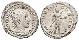Gordian III, AD 238-244. AR, Antoninianus. 3.95 g. 23.42 mm. Rome.
Obv: IMP GORDIANVS PIVS FEL AVG. Bust of Gordian III, radiate, draped, cuirassed, r...