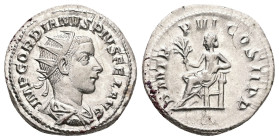 Gordian III, 238-244 AD. AR, Antoninianus. 4.28 g. 22.46 mm. Rome.
Obv: IMP GORDIANVS PIVS FEL AVG. Bust of Gordian III, radiate, draped, cuirassed, r...