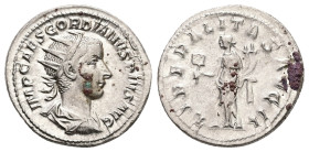 Gordian III, AD 238-244. AR, Antoninianus. 4.37 g. 22.91 mm. Rome.
Obv: IMP CAES GORDIANVS PIVS AVG. Bust of Gordian III, radiate, draped, cuirassed, ...