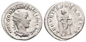 Gordian III, AD 238-244. AR, Antoninianus. 4.41 g. 23.58 mm. Rome.
Obv: IMP GORDIANVS PIVS FEL AVG. Bust of Gordian III, radiate, draped, cuirassed, r...