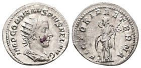 Gordian III, AD 238-244. AR, Antoninianus. 4.42 g. 22.94 mm. Rome.
Obv: IMP GORDIANVS PIVS FEL AVG. Bust of Gordian III, radiate, draped, cuirassed, r...