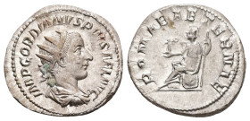 Gordian III, AD 238-244. AR, Antoninianus. 4.54 g. 22.68 mm. Rome.
Obv: IMP GORDIANVS PIVS FEL AVG. Bust of Gordian III, radiate, draped, cuirassed, r...