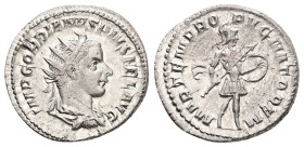 Gordian III, AD 238-244. AR, Antoninianus. 4.65 g. 22.61 mm. Rome.
Obv: IMP GORDIANVS PIVS FEL AVG. Bust of Gordian III, radiate, draped, cuirassed, r...