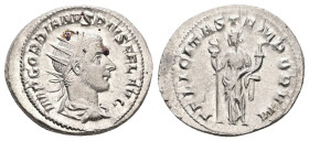 Gordian III, AD 238-244. AR, Antoninianus. 4.65 g. 24.85 mm. Rome.
Obv: IMP GORDIANVS PIVS FEL AVG. Bust of Gordian III, radiate, draped, cuirassed, r...