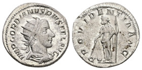Gordian III, AD 238-244. AR, Antoninianus. 4.67 g. 22.09 mm. Rome.
Obv: IMP GORDIANVS PIVS FEL AVG. Bust of Gordian III, radiate, draped, cuirassed, r...