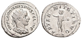 Gordian III, AD 238-244. AR, Antoninianus. 4.86 g. 24.98 mm. Rome.
Obv: IMP GORDIANVS PIVS FEL AVG. Bust of Gordian III, radiate, draped, cuirassed, r...