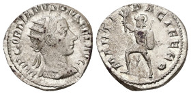 Gordian III, 238-244 AD. AR, Antoninianus. 5.11 g. 22.56 mm. Rome.
Obv: IMP GORDIANVS PIVS FEL AVG. Bust of Gordian III, radiate, draped, cuirassed, r...