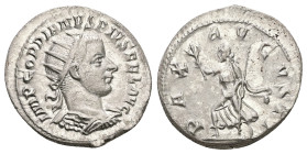 Gordian III, 238-244 AD. AR, Antoninianus. 5.18 g. 23.58 mm. Rome.
Obv: MP GORDIANVS PIVS FEL AVG. Bust of Gordian III, radiate, draped, cuirassed, ri...