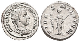 Gordian III, 238-244 AD. AR, Antoninianus. 5.27 g. 21.93 mm. Rome.
Obv: IMP CAES M ANT GORDIANVS AVG. Bust of Gordian III, radiate, draped, cuirassed,...