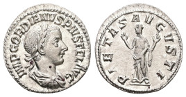 Gordian III, AD 238-244. AR, Denarius. 2.70 g. 19.47 mm. Rome.
Obv: IMP GORDIANVS PIVS FEL AVG. Bust of Gordian III, laureate, draped, cuirassed, righ...