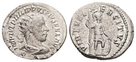 Philip I, AD 244-249. AR, Antoninianus. 4.51 g. 24.04 mm. Antiochia.
Obv: IMP IVL PHILIPPVS PIVS FEL AVG P [M]. Bust of Philip I, radiate, draped, cui...