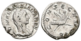 Diva Mariniana, died before AD 253. AR, Antoninianus. 3.44 g. 21.54 mm. Rome.
Obv: DIVAE MARINIANAE. Bust of Mariniana, diademed, veiled, draped, on c...