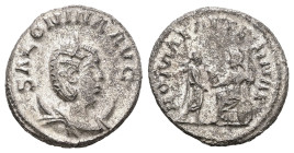 Salonina, AD 254-268. AR, Antoninianus. 3.97 g. 21.11 mm. Samosata.
Obv: SALONINA AVG. Bust of Salonina, diademed, draped, on crescent, right.
Rev: RO...