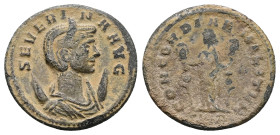 Severina, AD 270-275. AE, Antoninianus. 3.12 g. 22.43 mm. Rome.
Obv: SEVERINAE AVG. Bust of Severina, diademed, draped, on crescent, right.
Rev: CONCO...