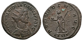 Diocletian, AD 284-305. AE, Antoninianus. 3.11 g. 22.25 mm. Siscia.
Obv: IMP C C VAL DIOCLETIANVS P F AVG. Bust of Diocletian, radiate, cuirassed, rig...