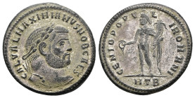 Galerius Caesar, 293-305 AD. AE, Follis. 10.57 g. 26.62 mm. Heraclea.
Obv: GAL VAL MAXIMIANVS NOB CAES. Head of Galerius, laureate, right.
Rev: GENIO ...