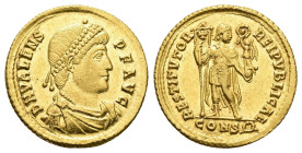Valens, AD 364-378. AV, Solidus. 4.49 g. 21.68 mm. Constantinopolis.
Obv: D N VALENS P F AVG. Bust of Valens, pearl-diademed, draped and cuirassed, ri...