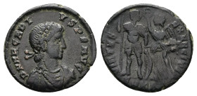 Arcadius, AD 383-408. AE, Follis. 2.72 g. 18.75 mm. Antioch (?).
Obv: D N ARCADIVS P F AVG. Bust of Arcadius, pearl-diademed, draped, cuirassed, right...