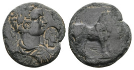 Mysia, Hadrianotherae. Caracalla, AD 193-211. AE. 3.28 g. 19.60 mm.
Obv: Laureate, draped and cuirassed bust of young Caracalla, right, before, cmk.: ...